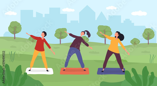 Outdoor yoga class flat vector illustration. Young women in sportswear training together in city park cartoon characters. Healthy lifestyle, active recreation. Open air workout, physical exercising.