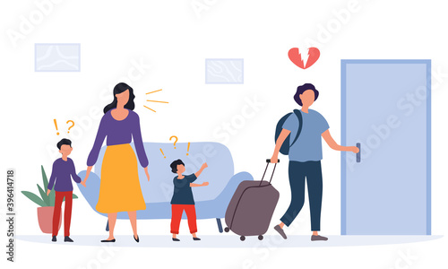 Problems in family concept. Father and mother quarrel, divorce concept, family conflict. Father leaves the family with mother and litle children. Cartoon isolated flat vector illustration