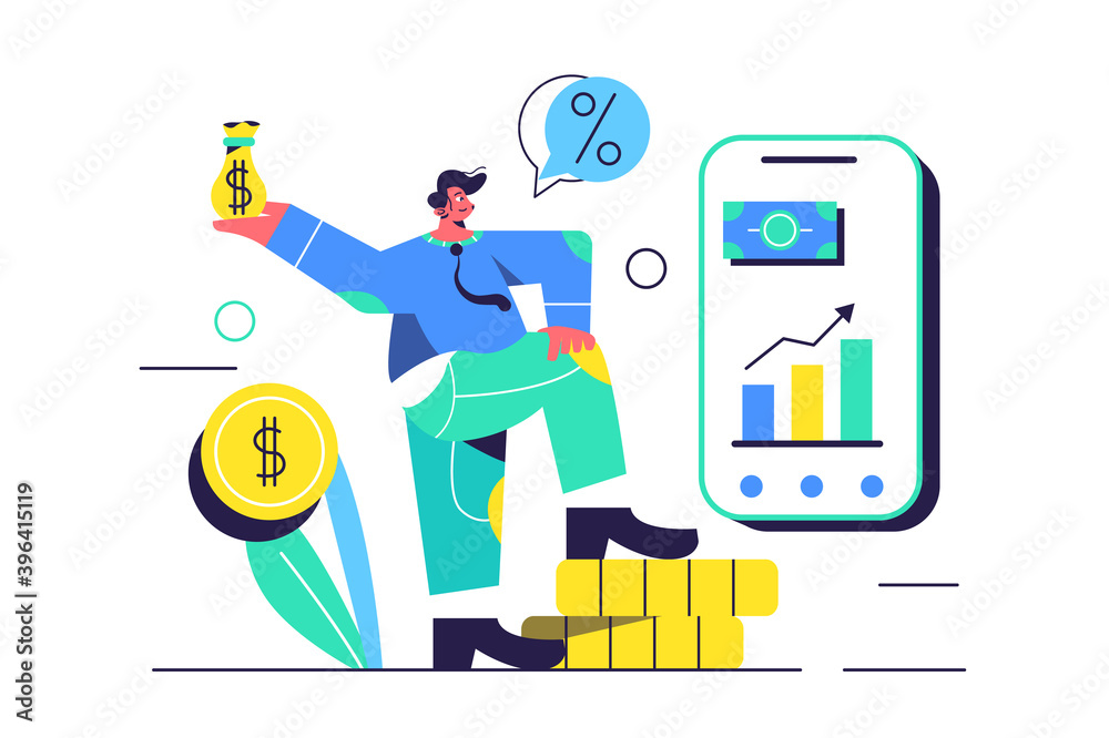 Young guy is engaged in financial affairs, big mobile phone with graphs isolated on white background, flat vector illustration Young guy is engaged in financial affairs, big mobile phone with graphs isolated on white background, flat vector illustration