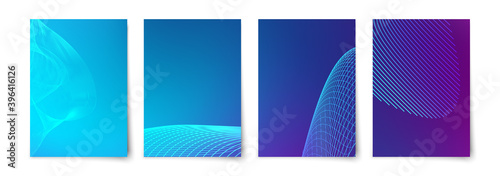 Techno futuristic twisted hi-tech background covers set. Neon ulra violet color lines. Abstract ai big data flow vector template. 