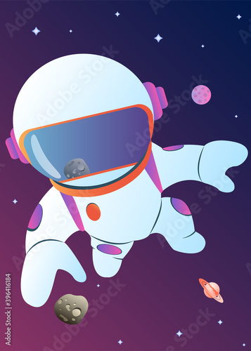 Astronaut exploring outer space. Cosmonaut in spacesuit performing extravehicular activity or spacewalk against stars and planets in background. Human spaceflight. Modern colorful vector illustration.