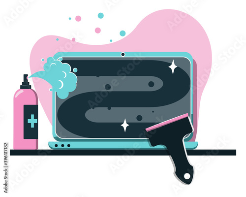 Clean laptop with alcohol sanitizer spray and scraper. Hygienic rules, gadget desinfection, wash dirty screen concept flat vector illustration. Prevent microbe and illness spread, prevention methods.