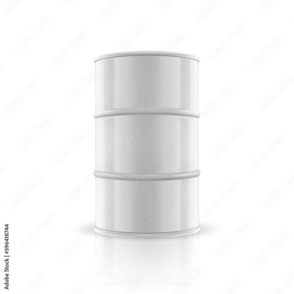 Vector 3d Realistic Illustration. White Simple Glossy Metal Oil, Fuel, Gasoline Barrel with Reflection Isolated on White Background. Design Template of Packaging for Mockup. Front View Vector 3d Realistic Illustration. White Simple Glossy Metal Oil, Fuel, Gasoline Barrel with Reflection Isolated on White Background. Design Template of Packaging for Mockup. Front View