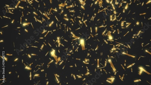 Abstract concept render animation with golden falling confetti on dark background.