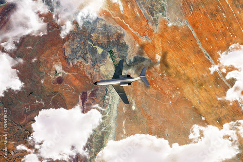 Fototapeta Naklejka Na Ścianę i Meble -  top view of earth surface from space, satellite photo with flying airplane. elements of this image furnished by nasa