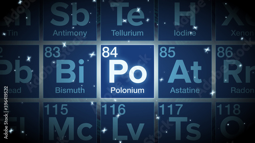 Close up of the Polonium symbol in the periodic table, tech space environment.