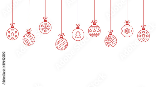 Hanging Christmas balls. Christmas toys ornaments set. Vector fun icons editable stroke. Red symbols on white background stock illustration
