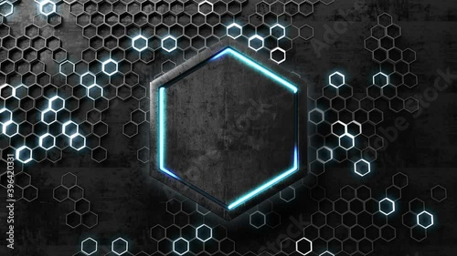 Abstract hexagons random pattern on dark board with central glowing hexagon 3d render animation.