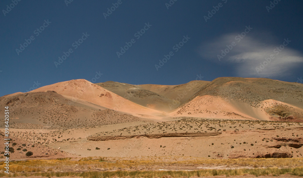 Natural texture and colors. Beautiful view of the sand dunes, mountains, green and yellow meadow and valley under a deep blue sky.