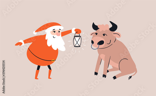 Cartoon Santa Claus meets a bull sitting in front of him. Smiling Santa lights up a cute bull with a funny hairstyle with a lantern. Hand-drawn doodle story. Vector stock isolated illustration.