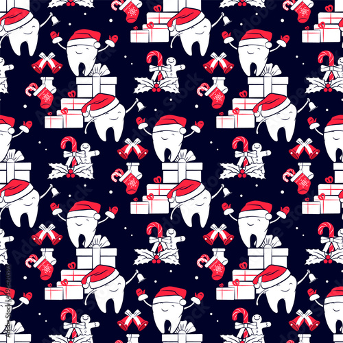 Seamless pattern with smiling teeth in a Santa Claus hat with gifts, mistletoe, bells, and Christmas socks. Holiday symbols, dental new year card, design element for greetings or invitations.
