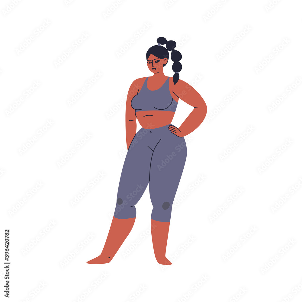 A hand-drawn swarthy woman in a trendy tracksuit. A plump girl stands in gray leggings and a top. A brunette in sports lingerie and a pigtail on her head. Vector stock isolated illustration in cartoon