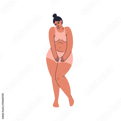 Shy cartoon plus size girl in lingerie. A young woman stands in pinkish underwear, closing herself. Female plump figure isolated. Vector stock illustration isolated on white background.