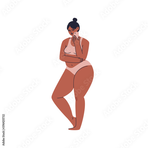 Hand-drawn young woman in nude lingerie. A plump girl with a smartphone in her hand. A brunette in a fashionable swimsuit and a bun on her head. Vector stock isolated illustration in cartoon style.