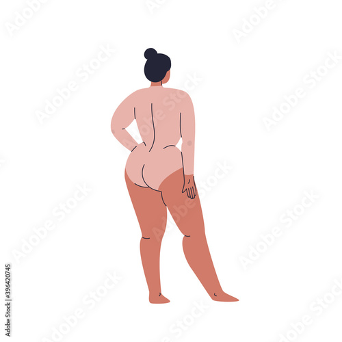 A plump young woman stands with her back in a long-sleeve swimsuit. Plus size girl with her hair pulled into a bun. Vector stock illustration in cartoon style isolated.