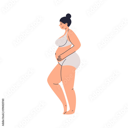 Busty pregnant woman in trendy gray underwear hugs her belly. A young lady with her hair pulled back in a bun. A future mother with a round belly in wide panties and a bra. Vector stock illustration.