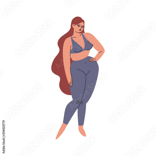 A chubby young woman posing in trendy gray leggings and tops. A plump girl is standing in a hugging training suit. Vector stock illustration in cartoon style isolated.