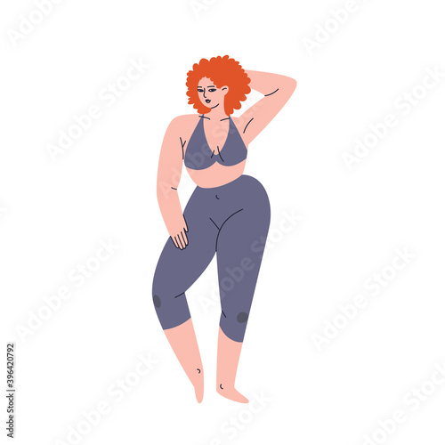 Red-haired girl with a tight tracksuit. A plump young woman stands in leggings and a top with her hand behind her head. Vector stock illustration isolated.