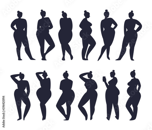 Collection of black silhouettes of naked women in various poses, with phone, pregnant. Set of female figures with the same hairstyle stand in 2 rows. Vector stock illustration isolated black on white.