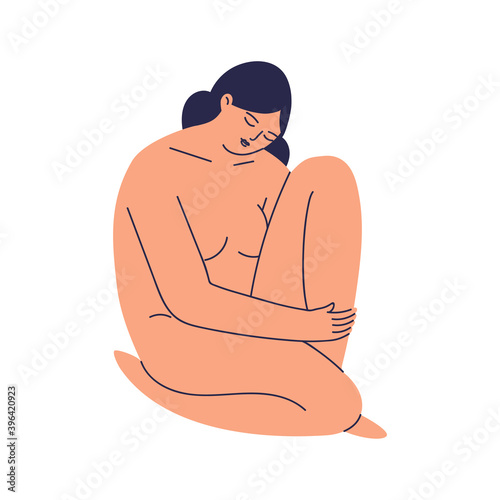 A hand-drawn nude woman sits with her knee pressed to her chest, eyes closed. An adult beautiful lady tilted her head down. Isolated vector doodle stock illustration in cartoon style.