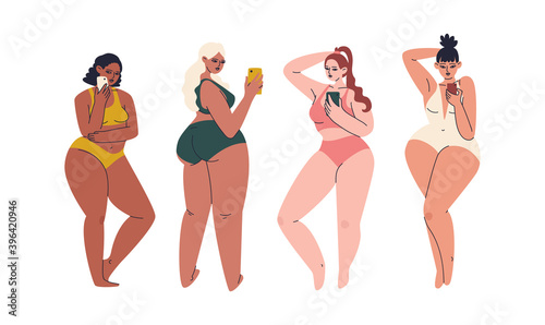 Set of hand drawn plus size young women with smartphone. Girls of various looks and body types are photographed in trendy swimwear colors. Vector stock illustration isolated in cartoon style.