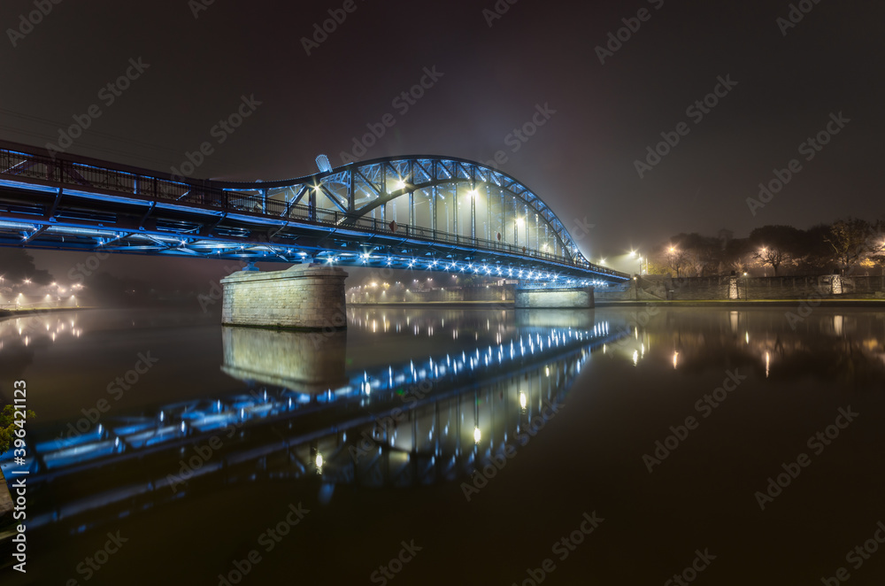 Krakow Poland, Pilsudski bridge over Vistula river in the night