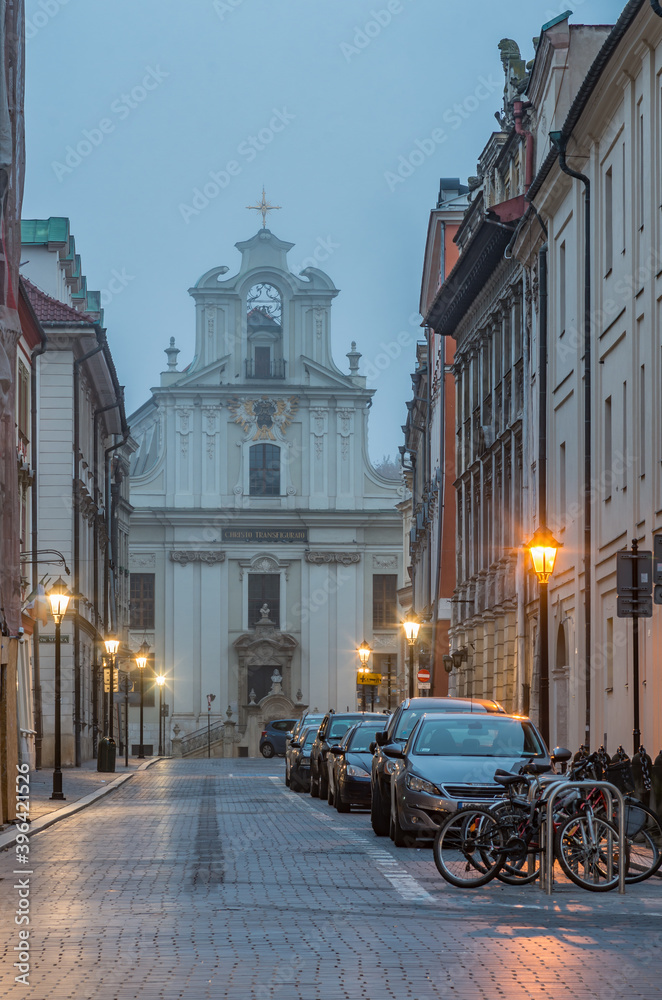 Fototapeta premium St John street in the night and piarist church, Krakow, Poland, old city