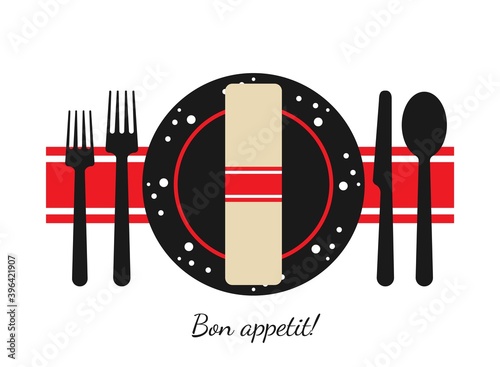 Bon appetit. A set of dishes for a meal. Table setting. Vector illustration.