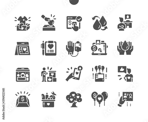 Donation. Health care. Love and support, organ donation. Various food in a cardboard donation box. E-donation. Volunteer. Vector Solid Icons. Simple Pictogram