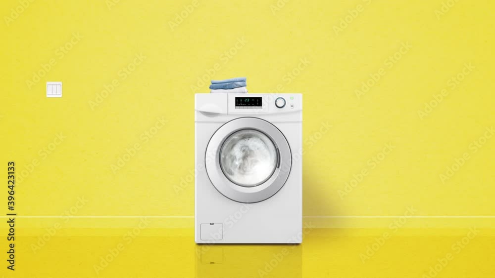 Modern laundry machine washing clothes. Yellow colour. Seamless loop realistic animation with sound.