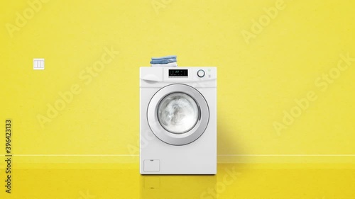Modern laundry machine washing clothes. Yellow colour. Seamless loop realistic animation with sound.