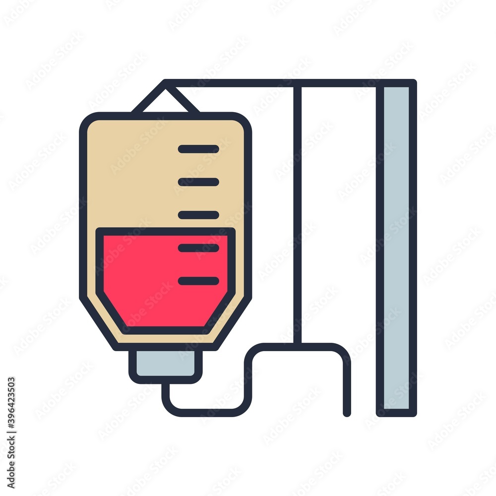 Blood bag flat icon, iv bag. Blood infusion vector illustration. Blood bag flat icon, iv bag. Blood infusion vector illustration.