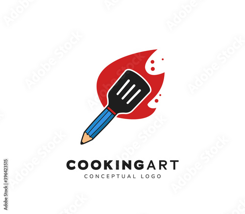 Cooking art pencil with kitchen spatula logo icon symbol vector template