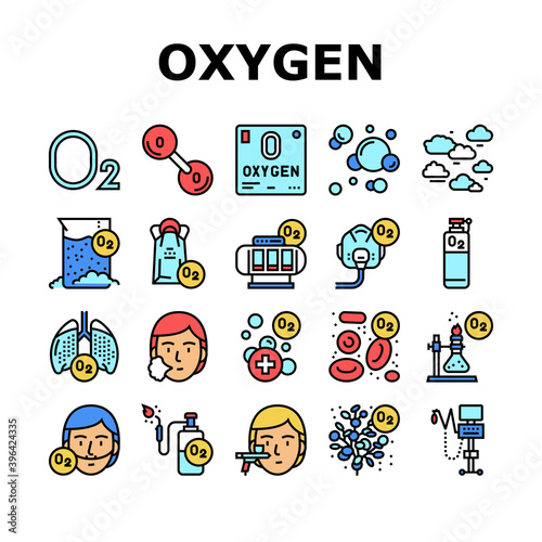 Oxygen O2 Chemical Collection Icons Set Vector. Diatomic Molecule And Oxygen Bubbles, Blood And Water, Facial Mask And Medical Equipment Concept Linear Pictograms. Contour Illustrations