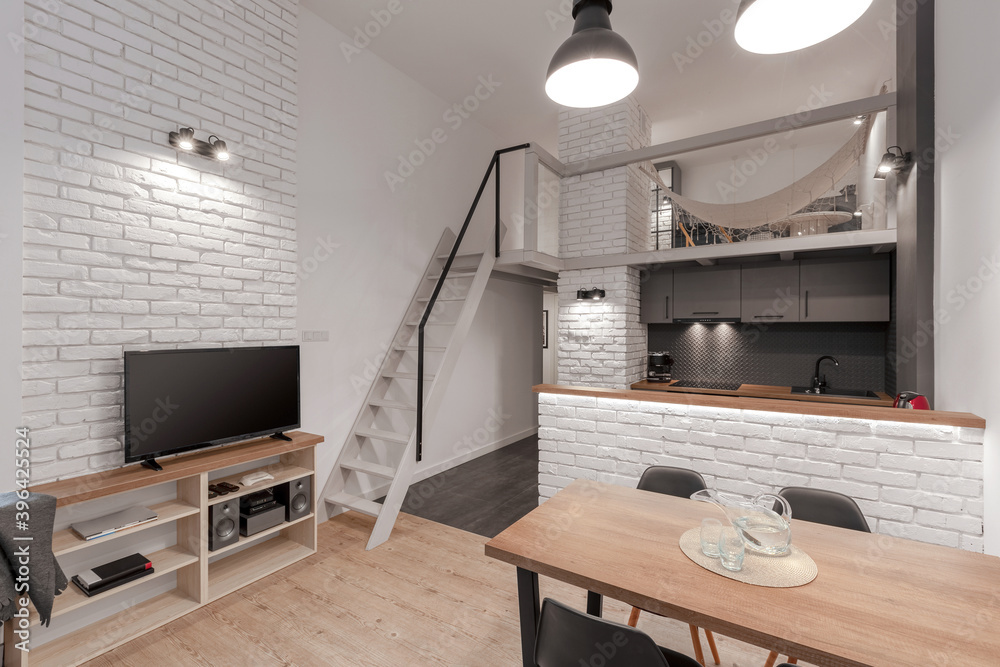 Modern apartment with mezzanine - obrazy, fototapety, plakaty 