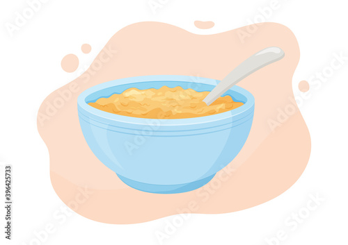Oats bowl vector icon. Oatmeal sweet breakfast cup, oat grain porridge. Cartoon muesli, flake for healthy nutrition. Food illustration.