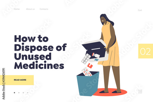Dispose unused medicines landing page with woman throwing expired medicines to trash