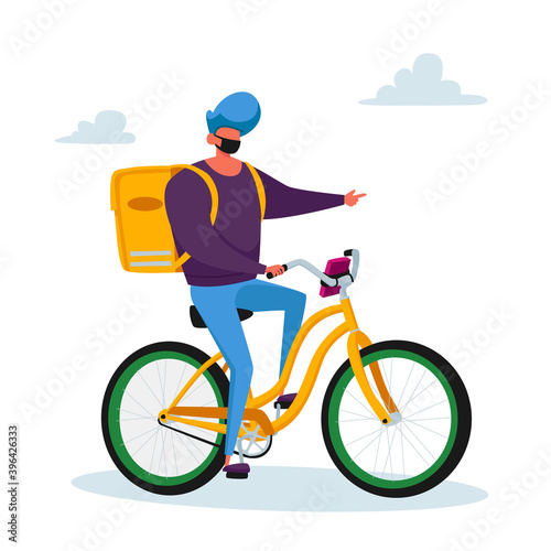 Courier Character Delivering Food Products to Customer on Bike. Express Delivery Service during Coronavirus Pandemic