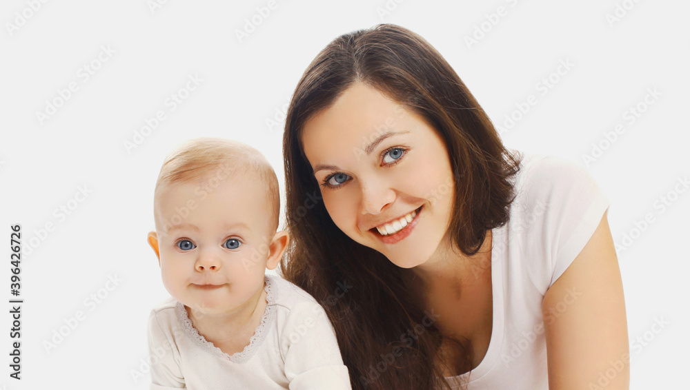 Portrait close up of happy smiling mother with baby over a white background Portrait close up of happy smiling mother with baby over a white background
