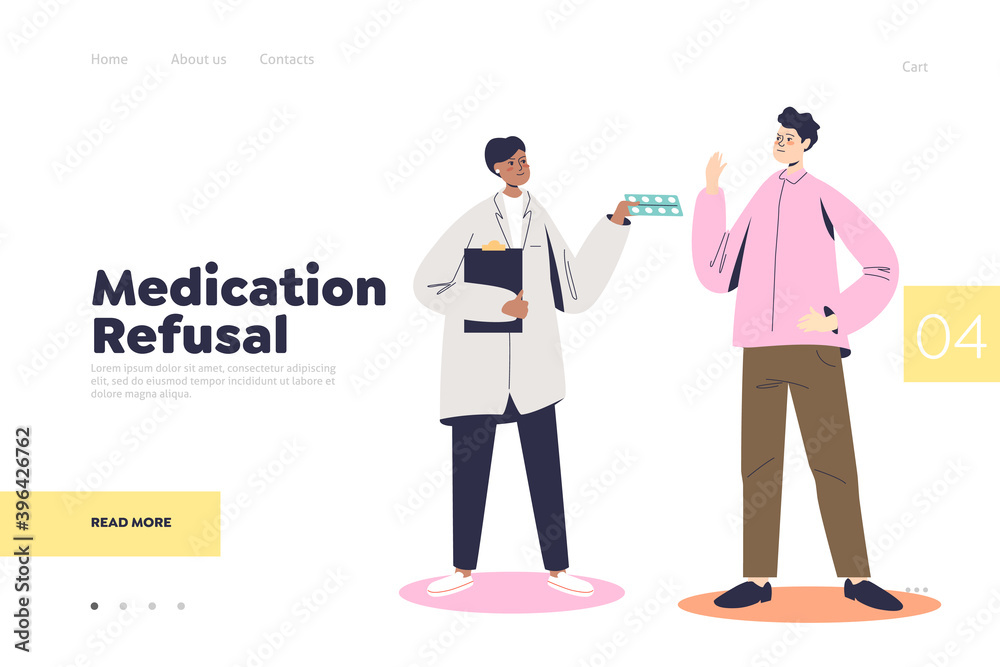 Medication refusal landing page concept with man refusing to take pills from doctor Medication refusal landing page concept with man refusing to take pills from doctor