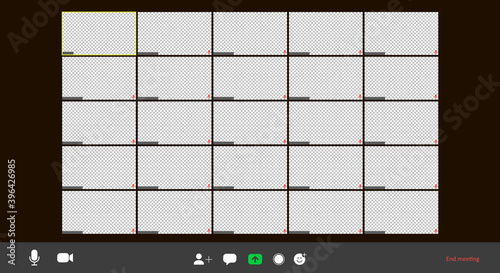 Screen video conference. Video call interface. Online meeting template. Screen of twenty five video conference cells on a computer. Vector illustration