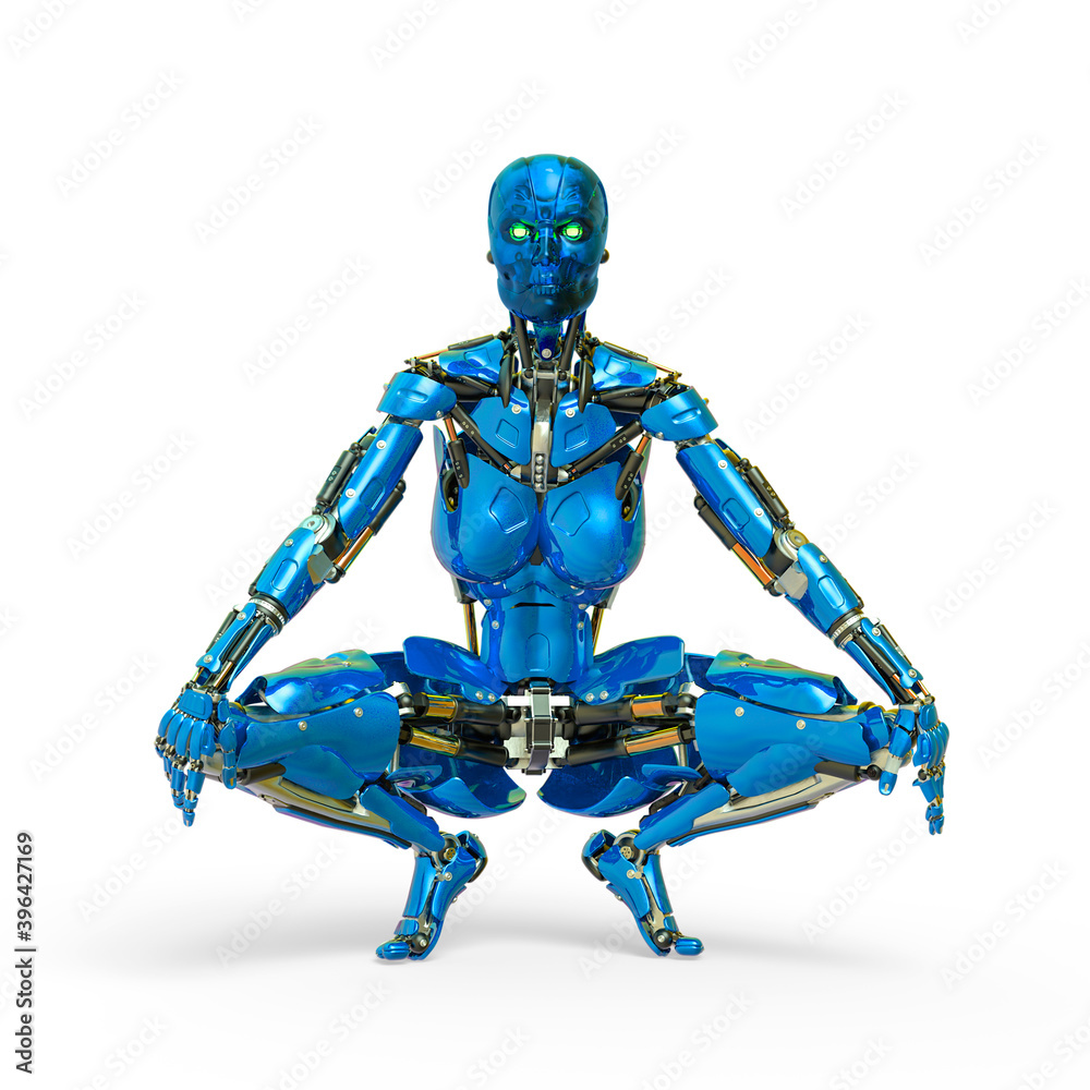 Fototapeta premium cyborg female comic waiting and loading frontal view in a white background