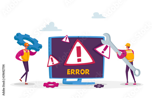 System Error, Website Under Construction. 404 Page Maintenance. Tiny Male Workers Characters in Uniform with Wrench