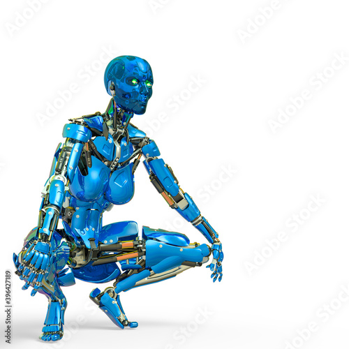 cyborg female comic waiting and loading in a white background