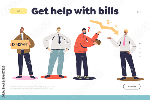 Get help with bills landing page concept with bankrupt businesspeople in financial crisis