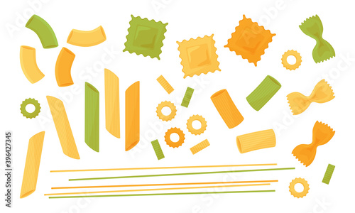 Pasta vector icon set. Colored different types italian pasta. Spaghetti, ravioli, penne, farfalle, noodles, macaroni. Food illustration