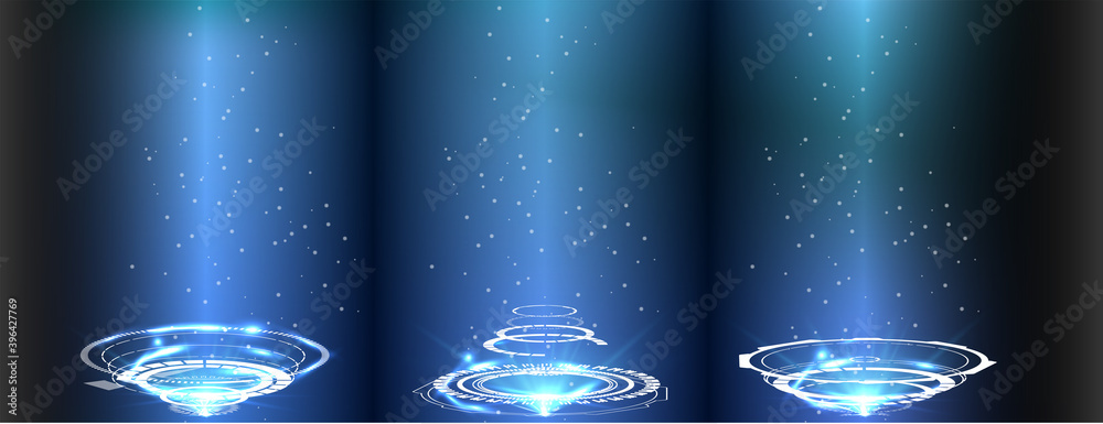 Portal and hologram futuristic circle elements. Sky-fi digital hi-tech collection in HUD style. Magic circle teleport podium. GUI, UI virtual reality projector. Abstract hologram technology. Vector