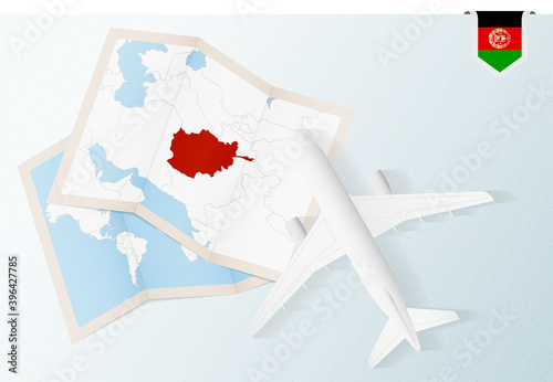 Travel to Afghanistan, top view airplane with map and flag of Afghanistan.
