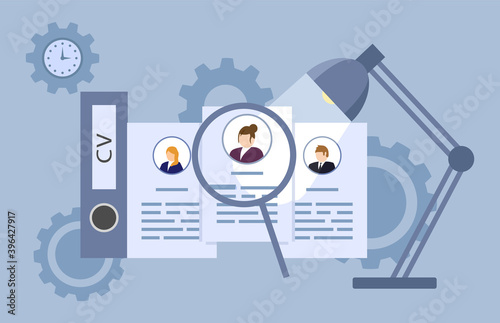 Recruitment, Resume Screening Conceptual Vector Illustration In Cartoon Flat Style. CV Papers With Photographs Of Candidates. Composition Of Resumes, Magnifier, Lamp, Clock And Business Infographics