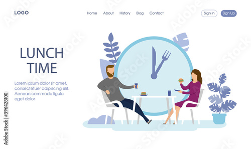 Layout Type Light Vector Illustration With Writings And Buttons. Flat Cartoon Style Composition Of Man And Woman Sitting At Table Eating. Big Clock Behind Them. Office Plants, Leaves On Background